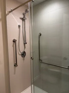 Tiled shower with vertical and horizontal grab bars and a handheld shower head